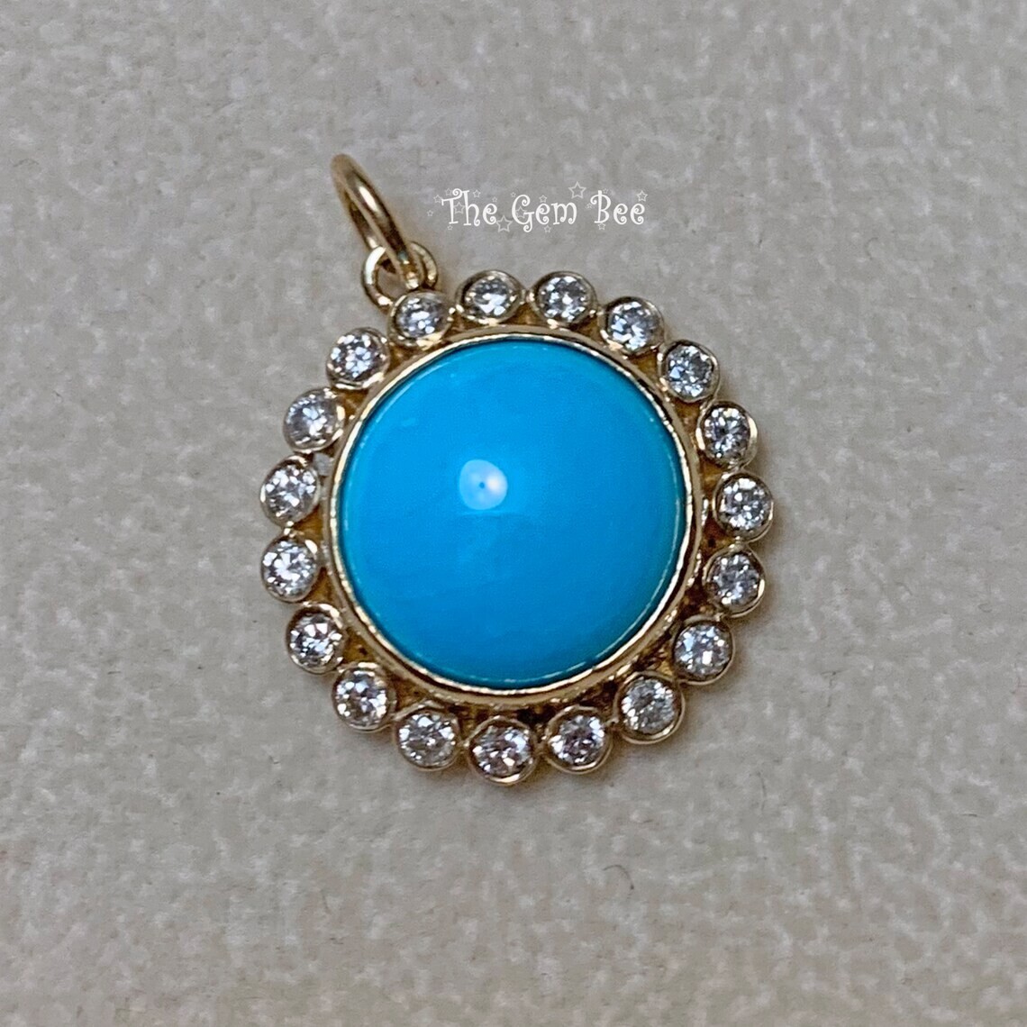 16mm 14K Yellow Gold Diamond Sleeping Beauty Turquoise Round Pendant Charm
