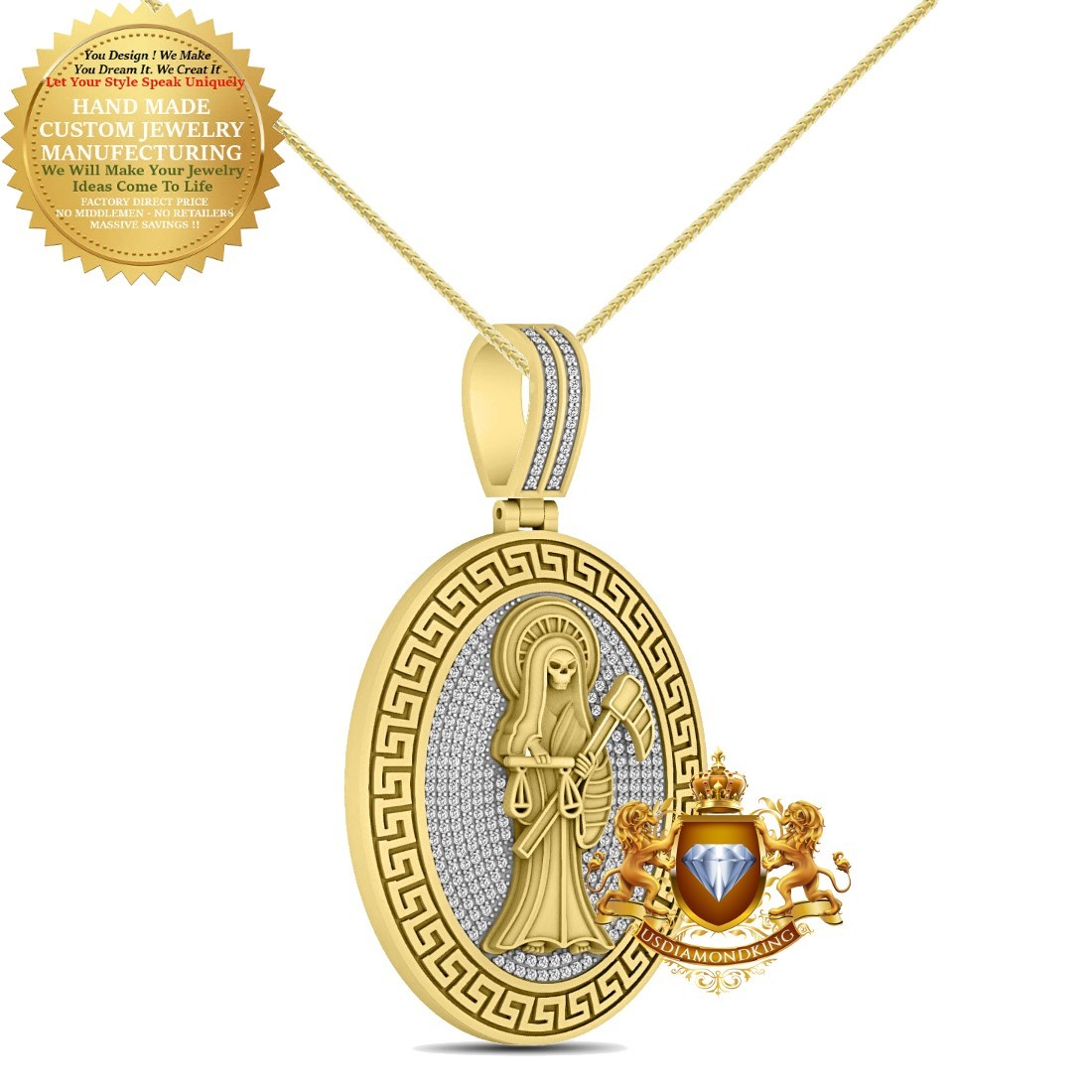 Genuine Diamond 0.86 Ctw. Santa Muerte Grim Reaper Angel Of Death Pendant Charm