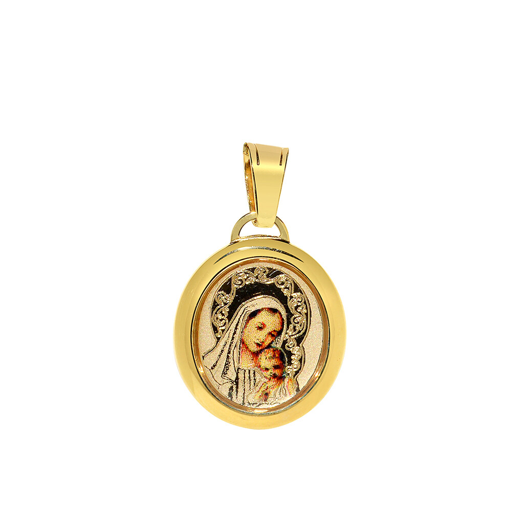 Genuine 14k Yellow Gold & Enamel Blessed Virgin and Baby Jesus Religious Pendant