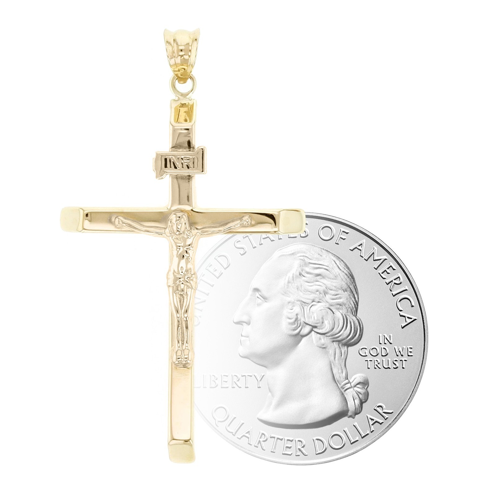 Italian 14k Yellow Gold Hollow INRI Crucifix Cross Charm Pendant 1.7″ 1.5 grams