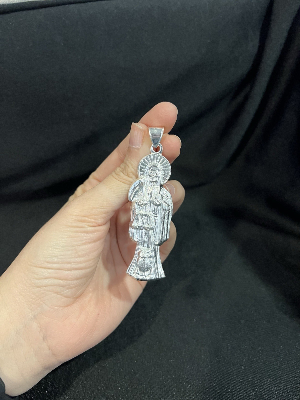925 Sterling Silver Men’s Womens Big Santa Muerte Grim Reaper Holy Death Pendant