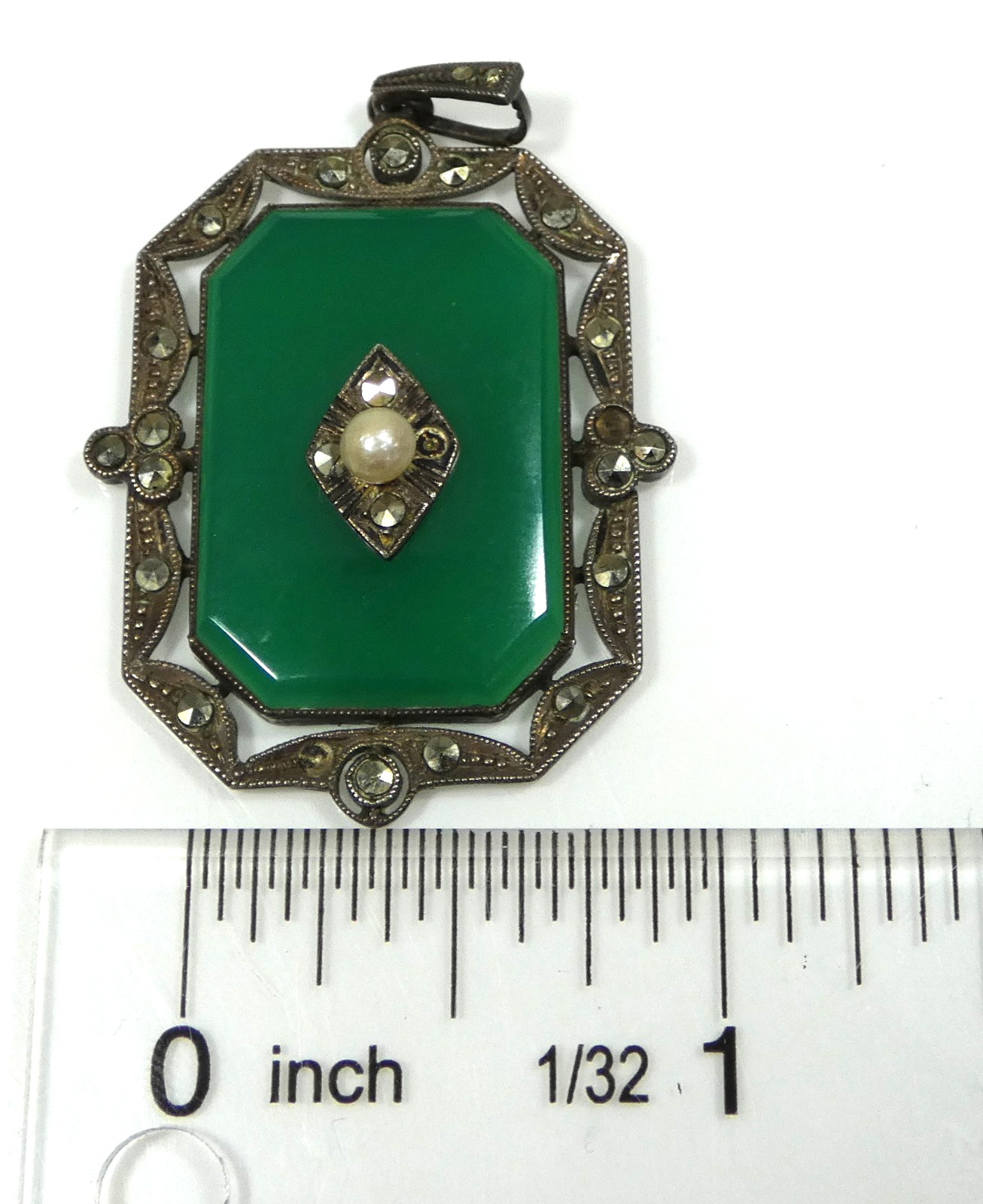Vintage 1920’s Art Deco Green Onyx, Marcasite, and Pearl Sterling Silver Pendant