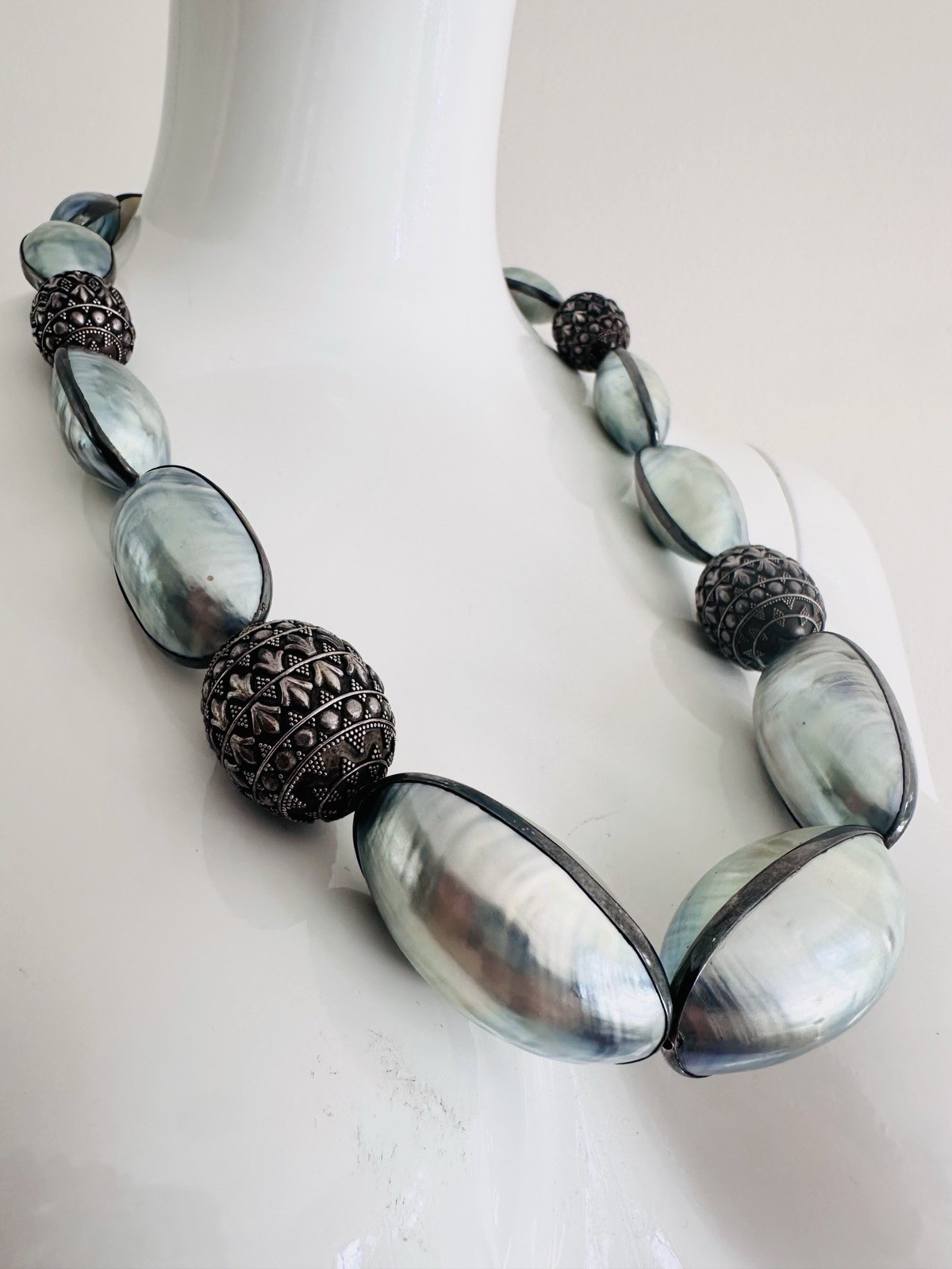 Rare Nautilus Osmena Pearl Antique 925 Silver Necklace 70cm Blue-Gray Iridescent