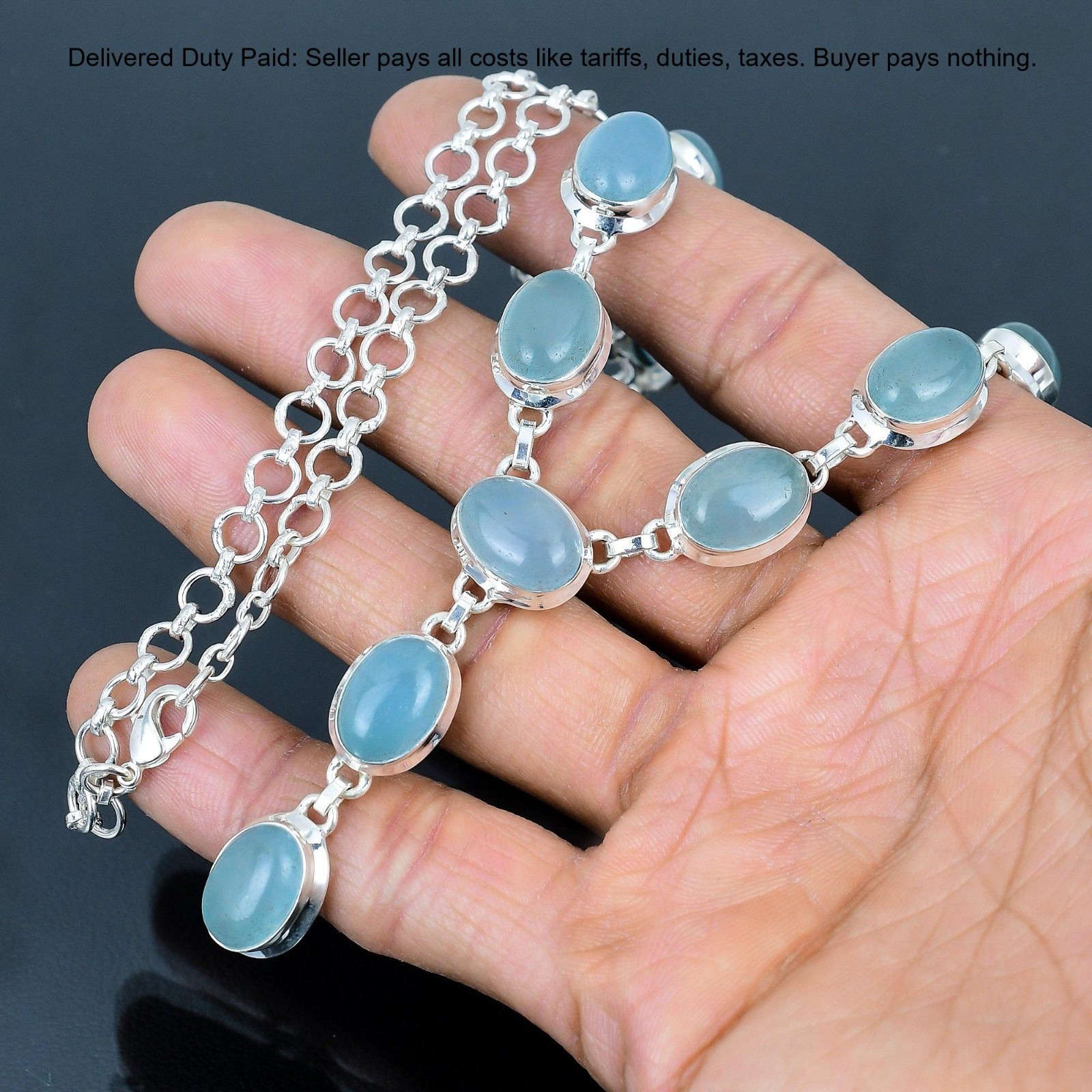Valentines Deal Sterling Silver Oval Aquamarine Gemstone Chain Necklace Jewelry