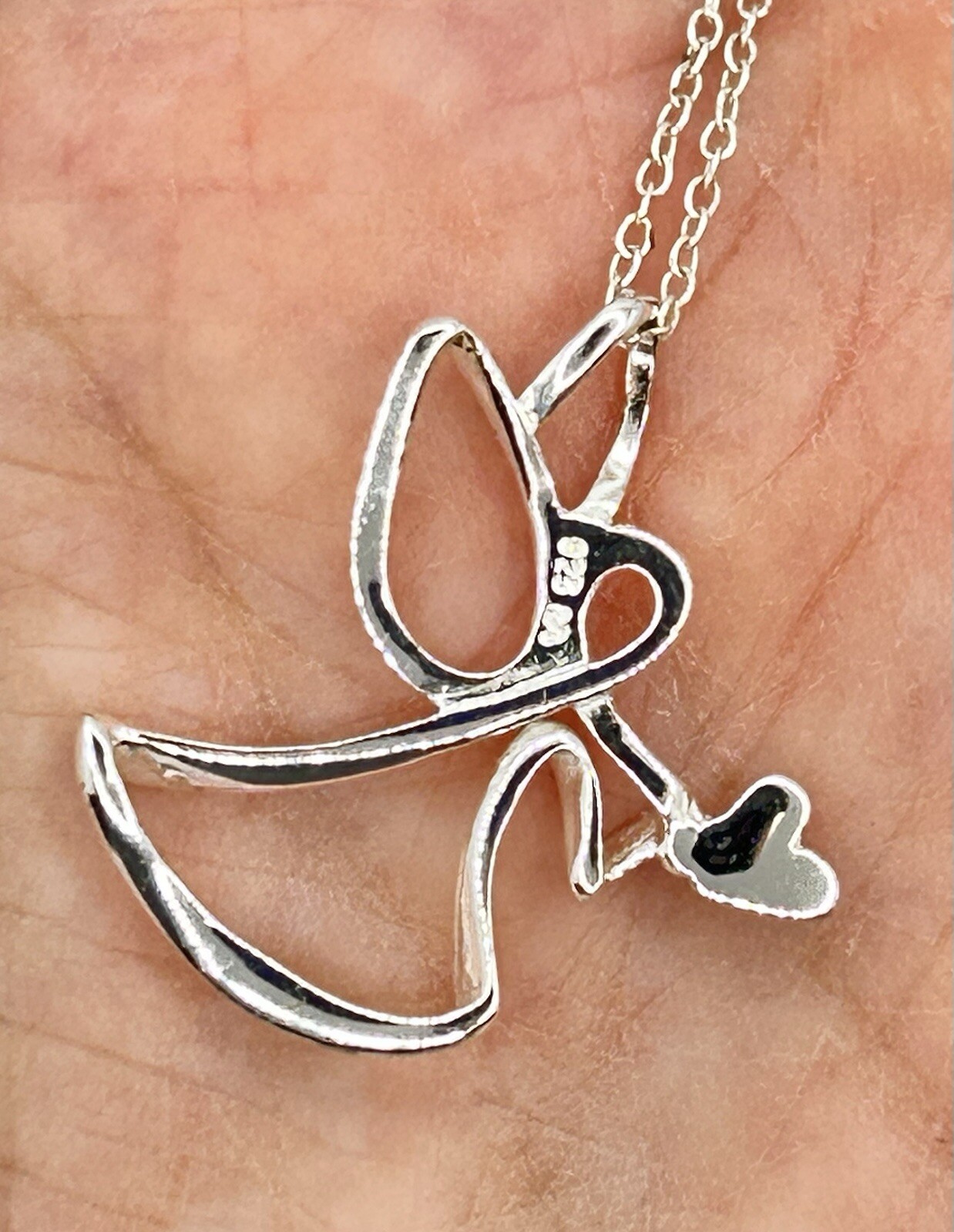 Sterling Silver Angel Heart Pendant Necklace Designer Signed LA 18″