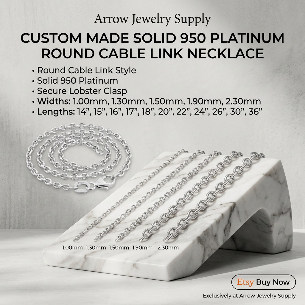 Round Cable Link Solid 950 Platinum Necklace Chain 1mm – 2.3mm Widths 14″ – 36″