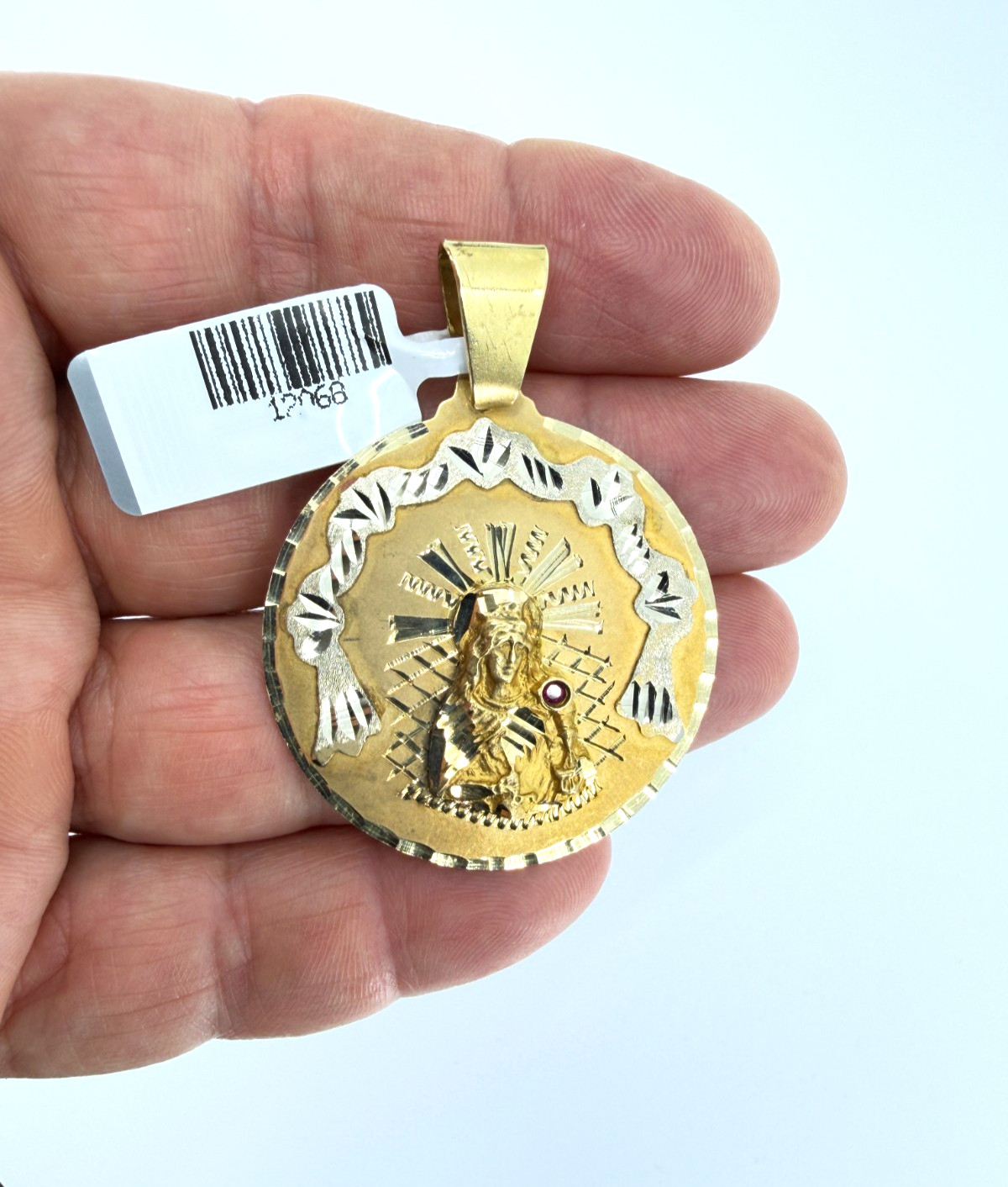 Real 10K Solid Yellow Gold Santa Barbara Pendant Diamond Cut Medallion Two Tone