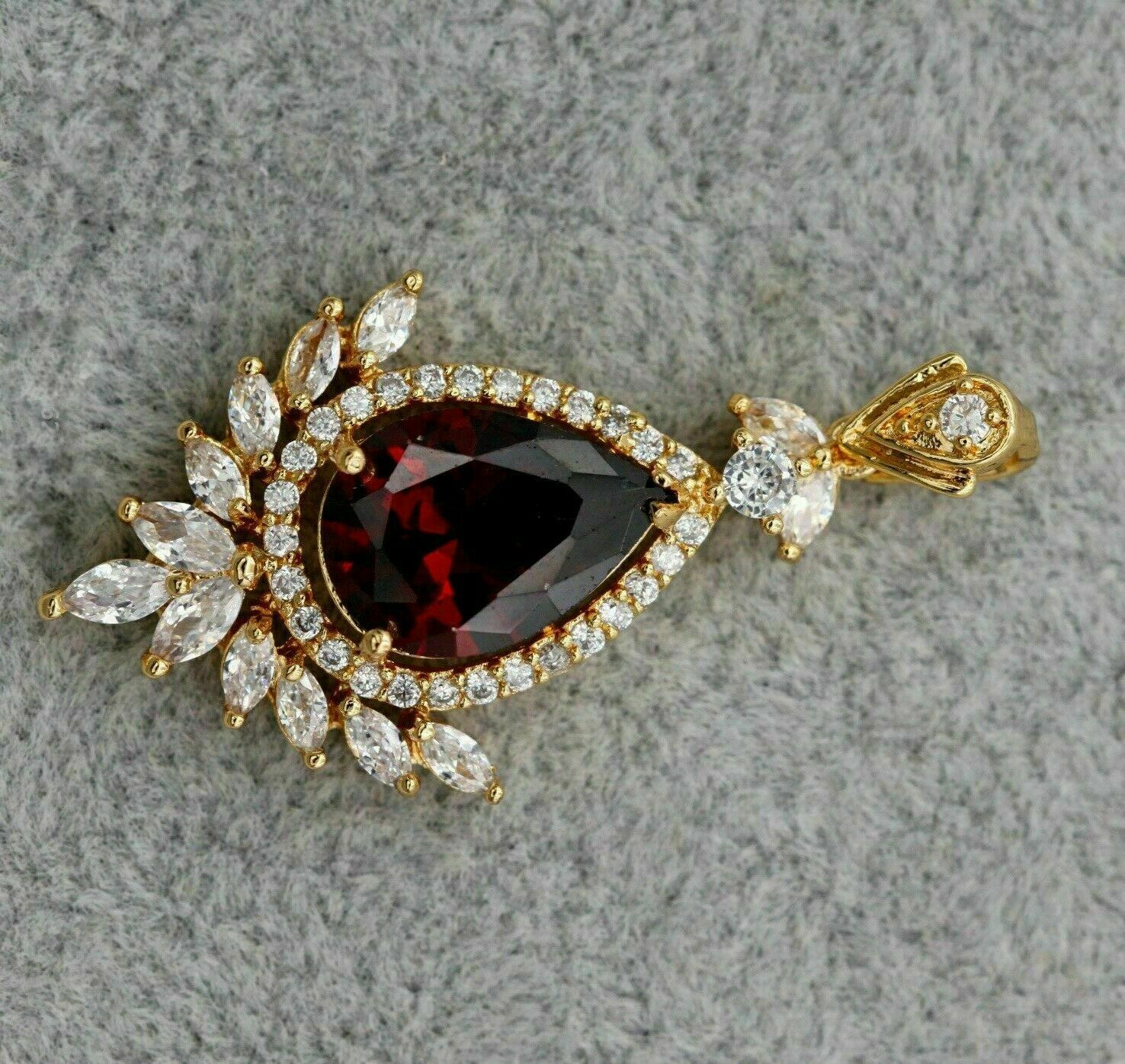 14K Yellow Gold Plated 2Ct Pear Lab-Created Garnet Halo Women’s Pendant 18″Chain
