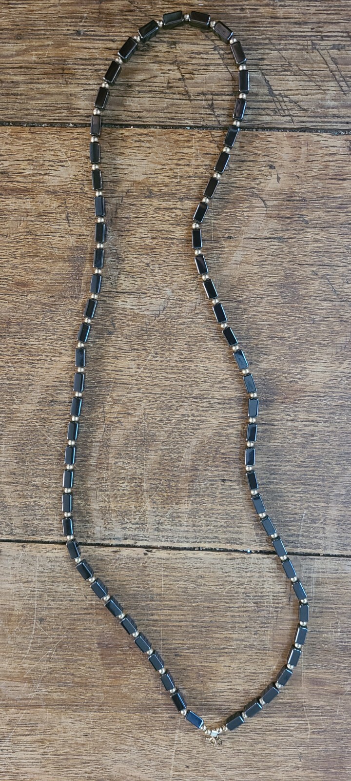 Hematite Rectangle Bead Necklace Goldtone Tiny Bead Spacers 13 In Silver Gray