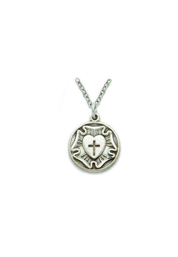 925 Sterling Silver Lutheran Rose Pendant Medal Christian Necklace