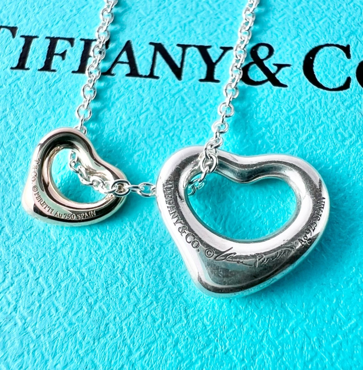 TIFFANY & Co Elsa Peretti Double Open Heart Silver Small Rose Gold Mini Necklace