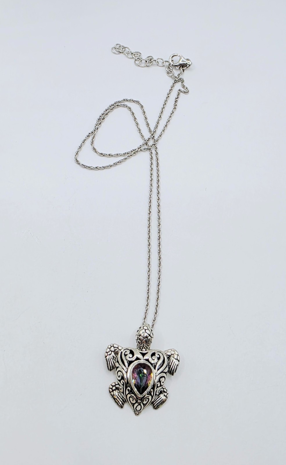 ATI 925 Sterling Silver Turtle Necklace Mystic Rainbow Gemstone Pendant