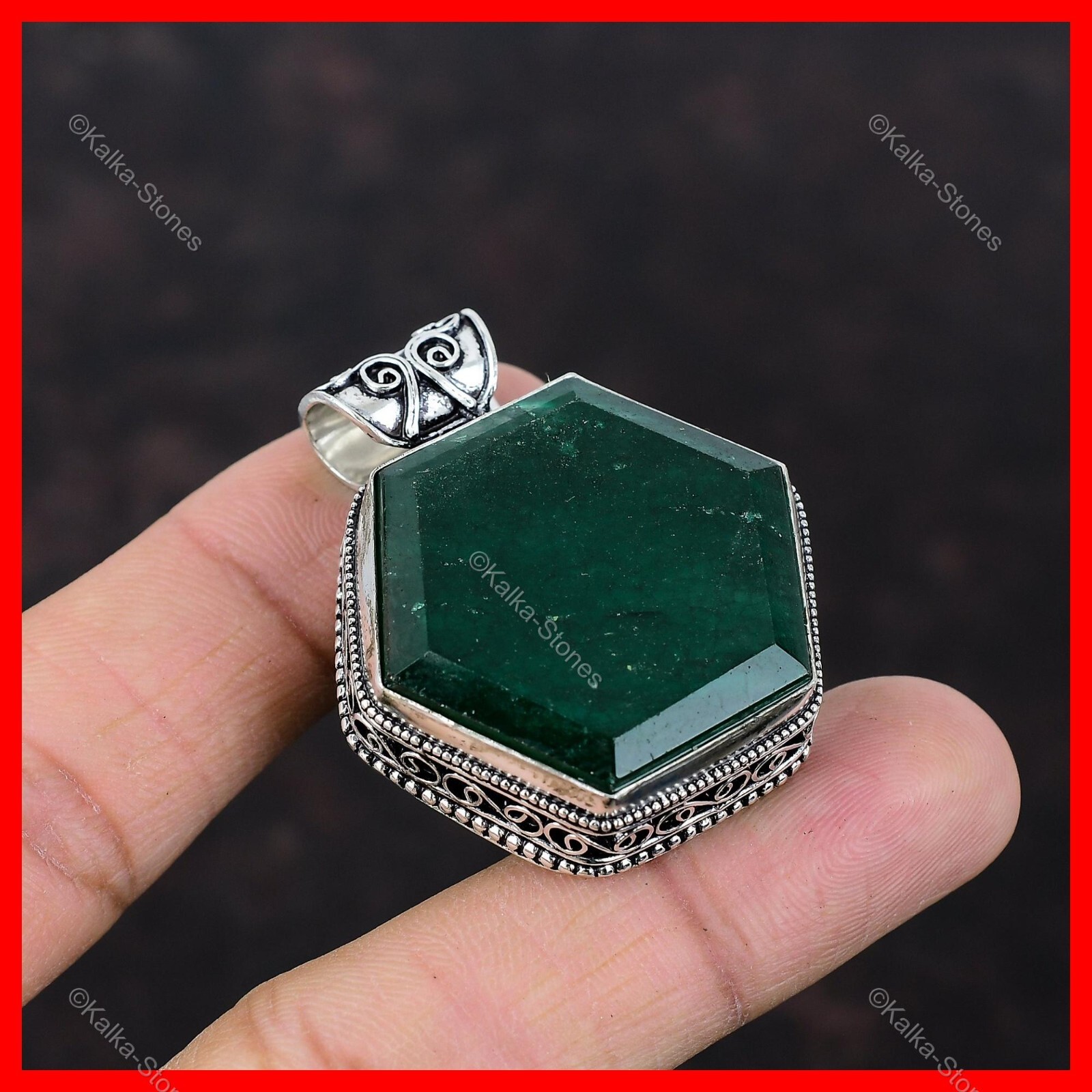 Hexagon Zambian Emrald Gemstone 925 Silver New Vintage Halloween Pendant Jewelry
