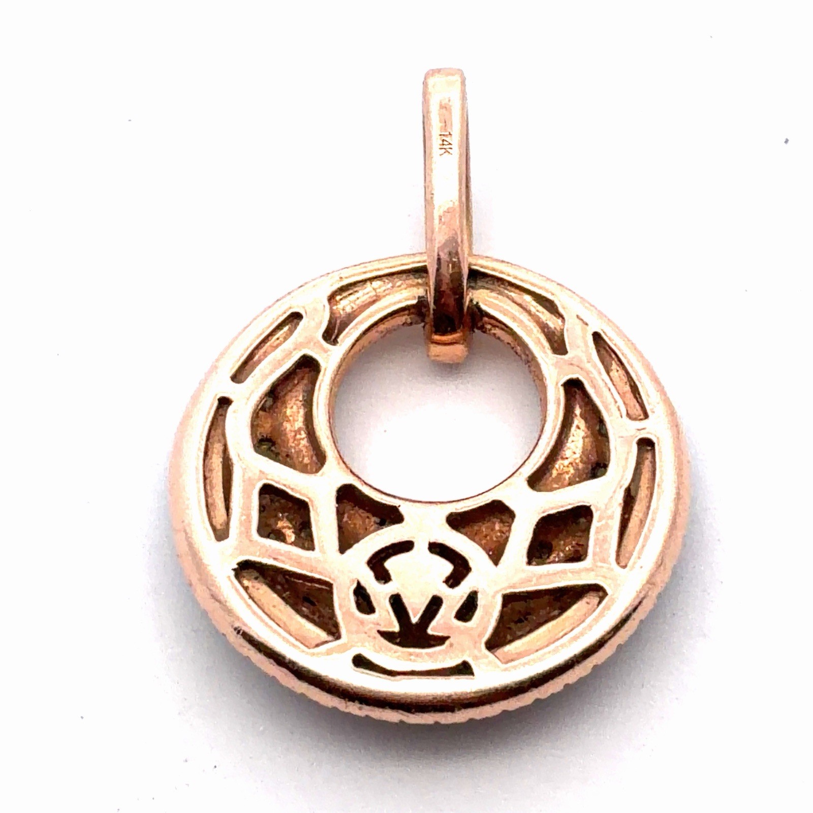 Estate 14K Rose Gold Enamel Pave Diamond Crescent Moon Circle Pendant