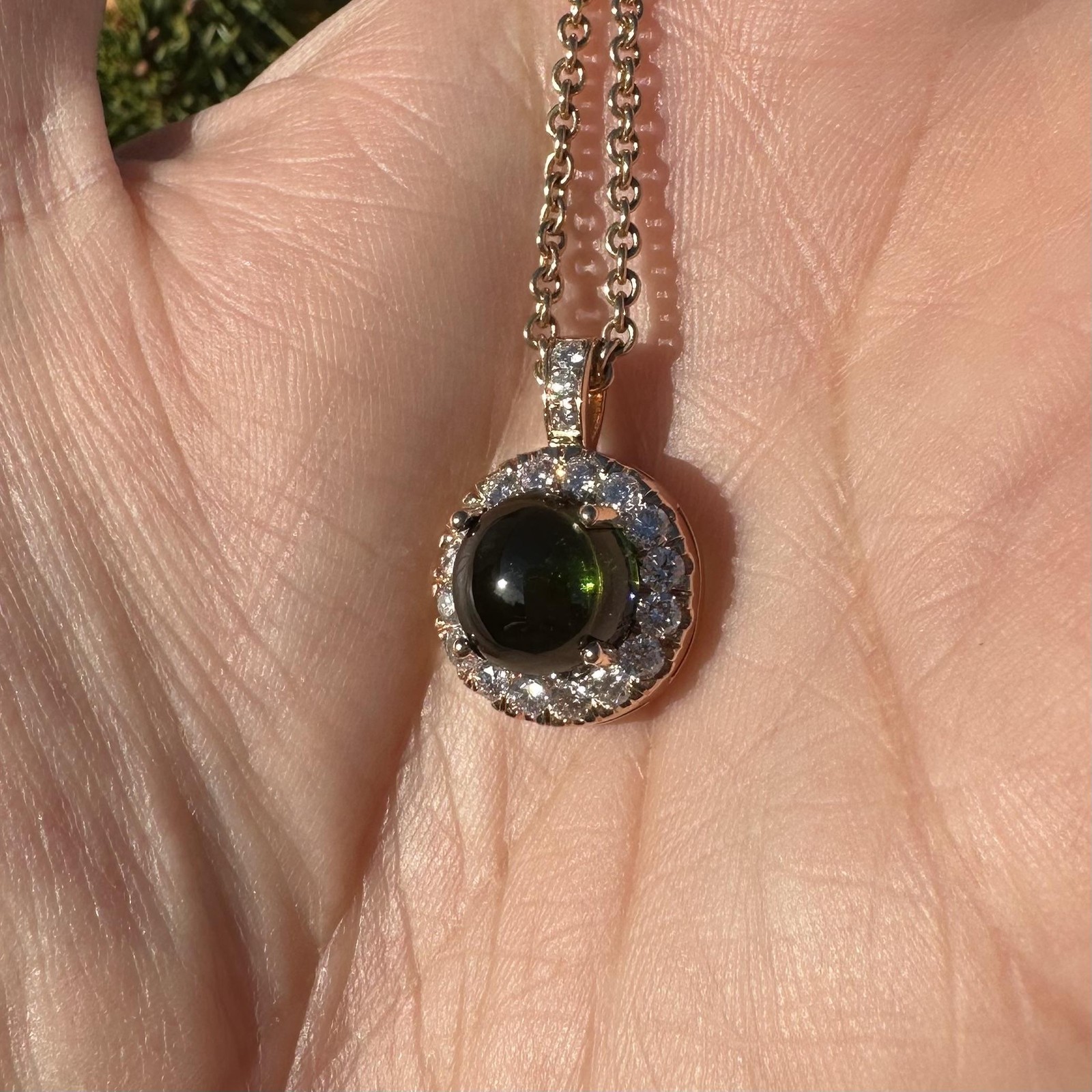 Rosy Yellow Gold High Quality Green Tourmaline Diamond Halo Pendant Necklace