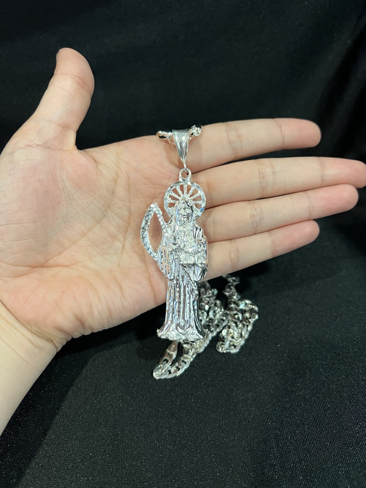 925 Sterling Silver BIG Men Women Santa Muerte Grim Reaper Curb Chain 20 26 30