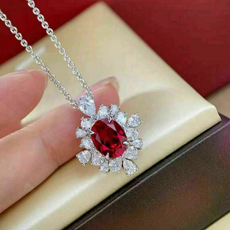 2Ct Oval Cut Red Ruby Diamond Halo Pendant 14K White Gold Finish 18″ Free Chain