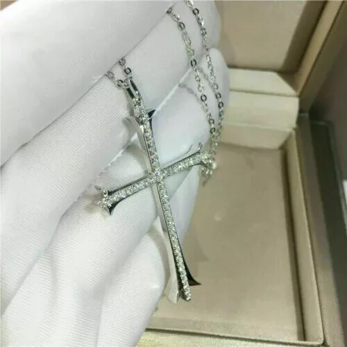 1.00Ct Round Cut VVS1 Diamond Cross Pendant 14K White Gold Finish Free Chain