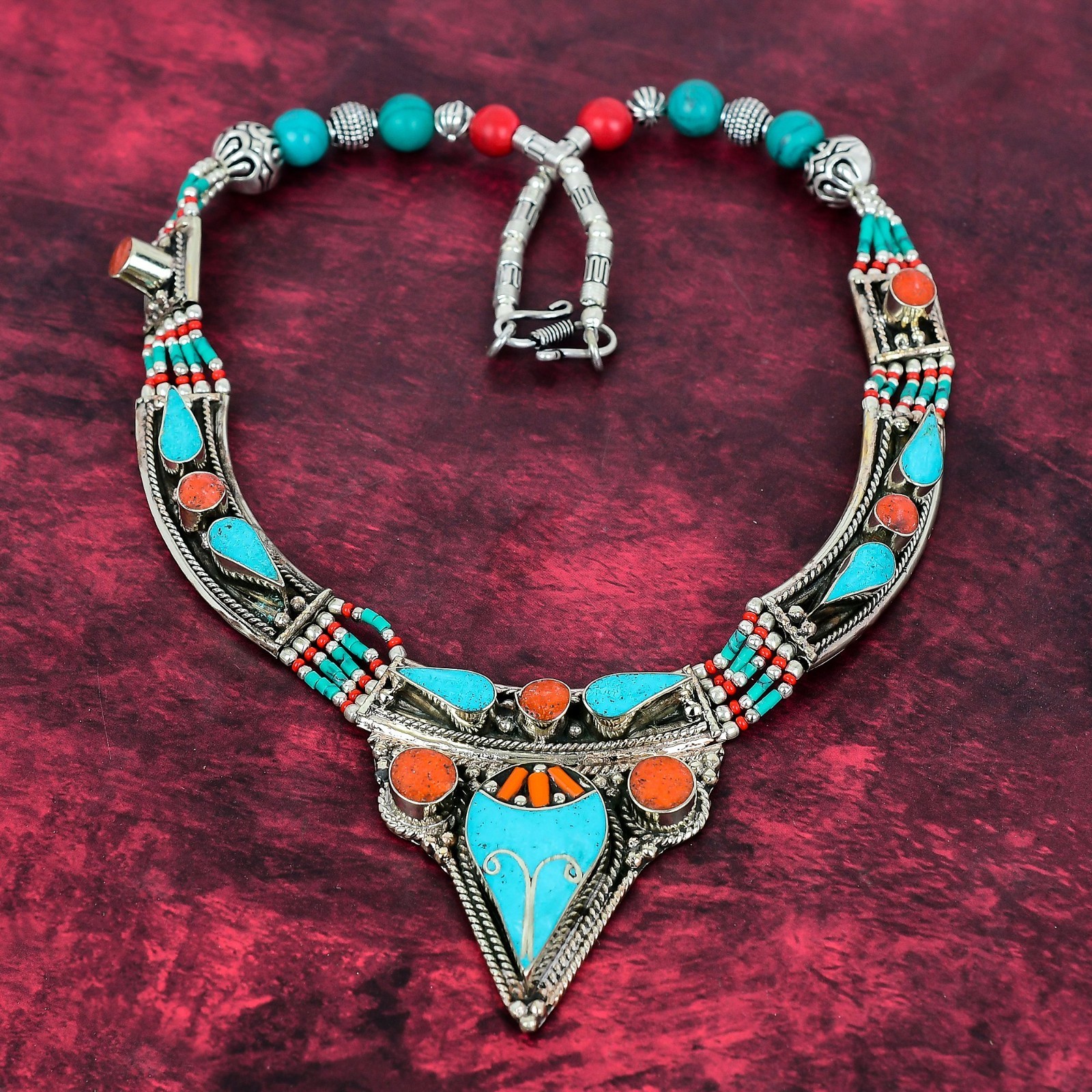 Turquoise, Coral Gemstone Handmade 925 Sterling Silver Nepali Jewelry Necklace