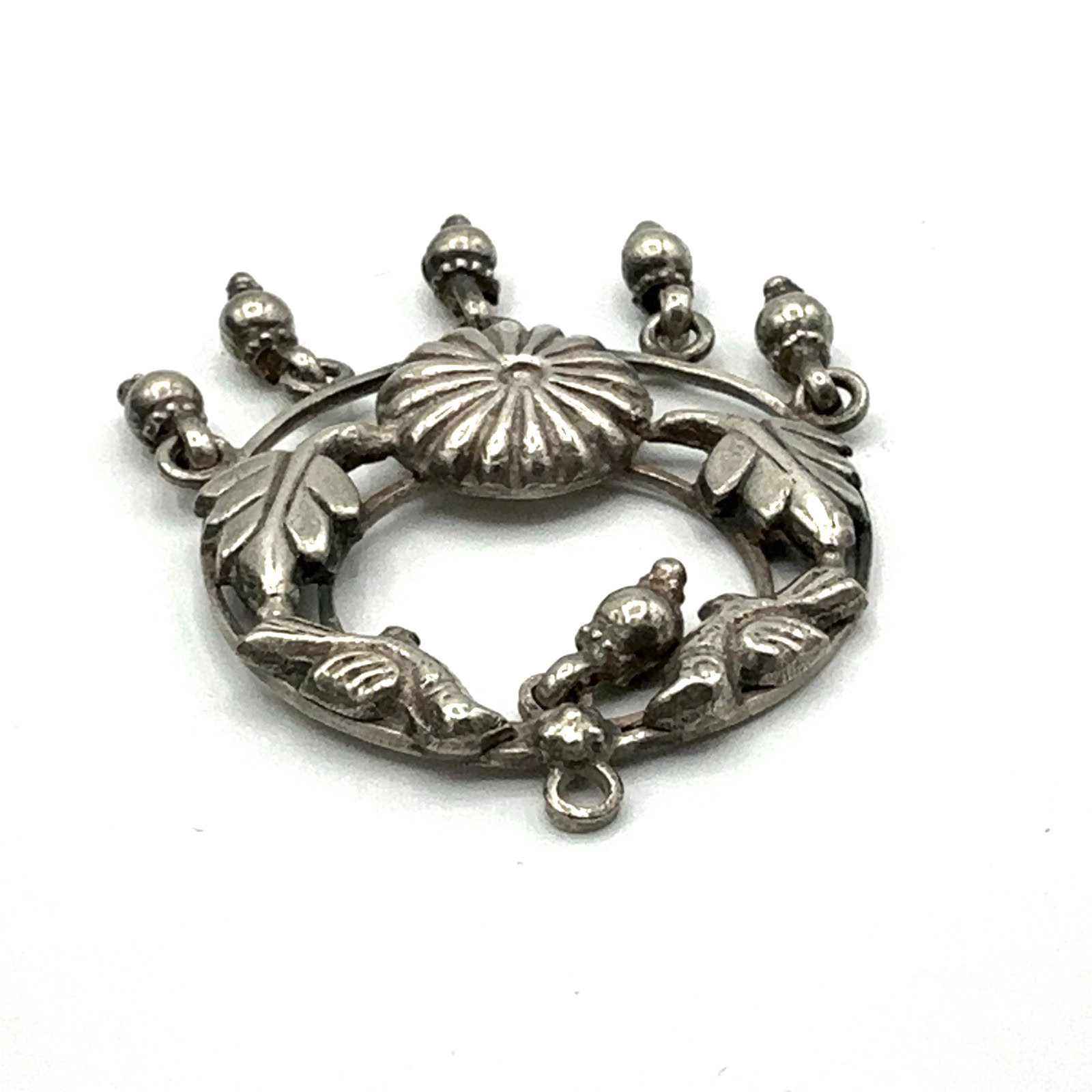 BIRD vintage pendant – sterling silver w/ leaves shield & dangles 2″ & 9 grams