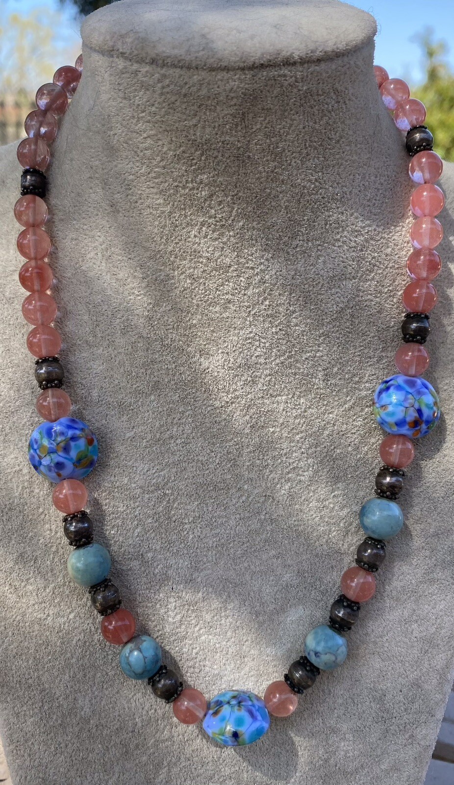 Sterling Silver Quartz Beaded Necklace art glass 18” adjustable Womens