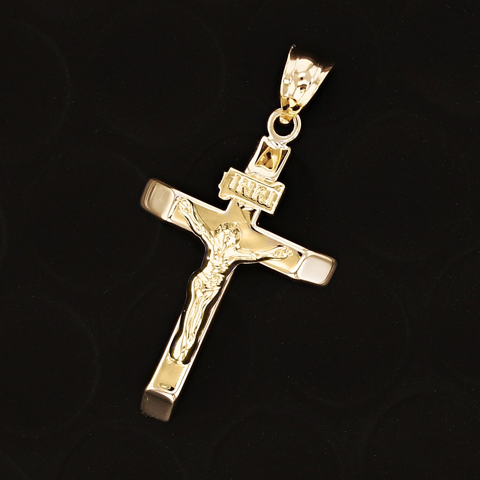 Italian 14k Yellow Gold Hollow INRI Crucifix Cross Charm Pendant 1.2″ 1 gram