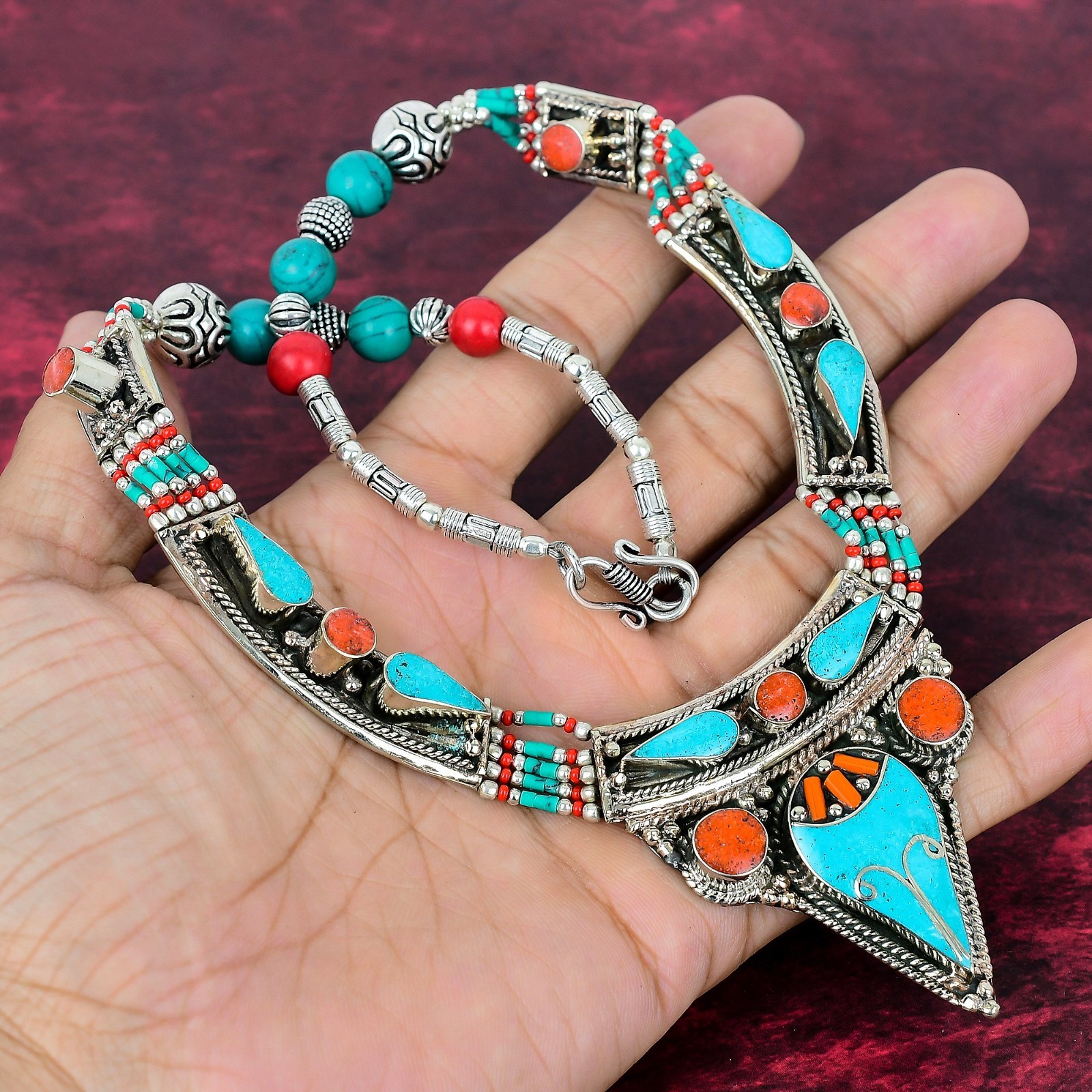 Turquoise, Coral Gemstone Handmade 925 Sterling Silver Nepali Jewelry Necklace