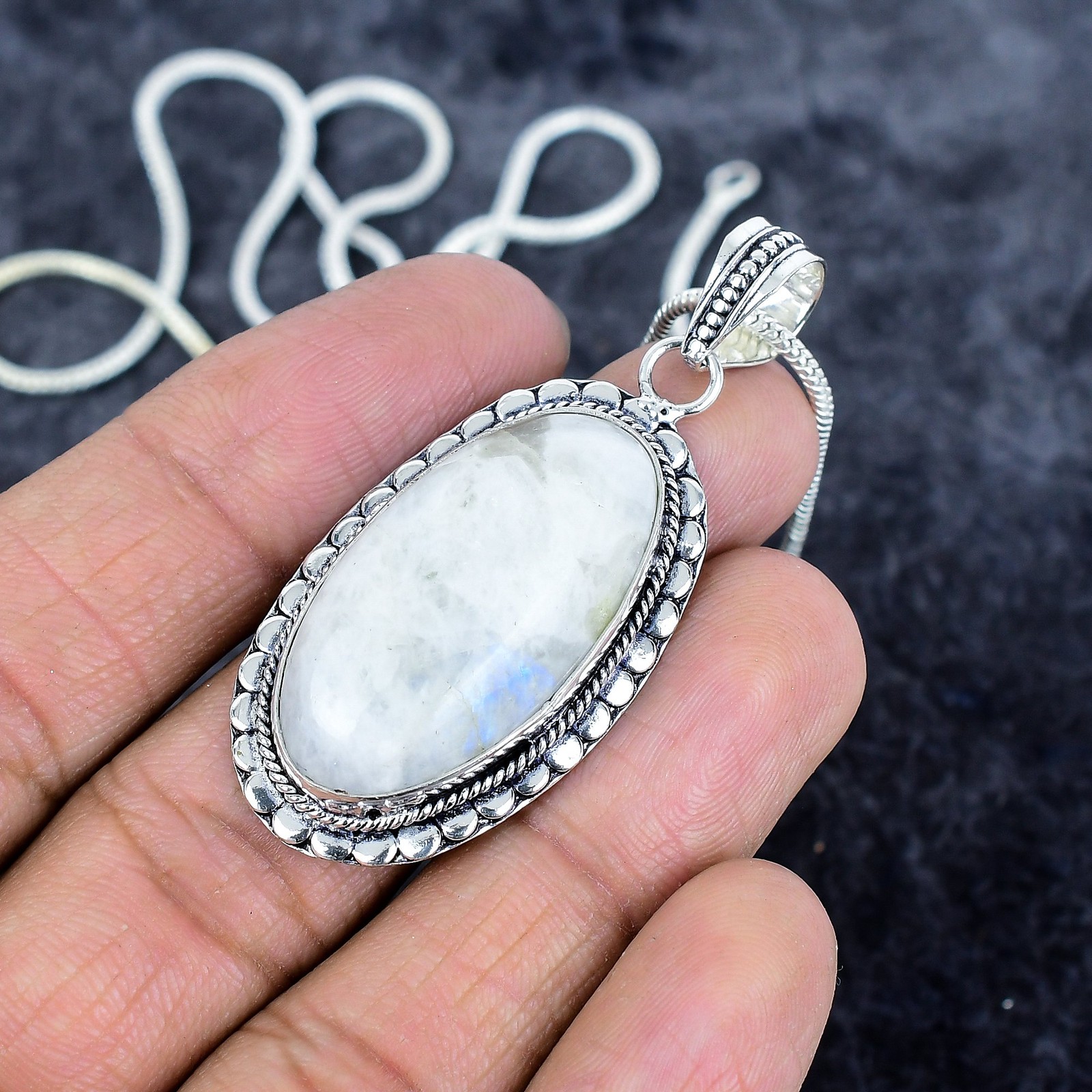 Rainbow Moonstone Gemstone 925 Sterling Silver Jewelry Pendant 2.25″ l322