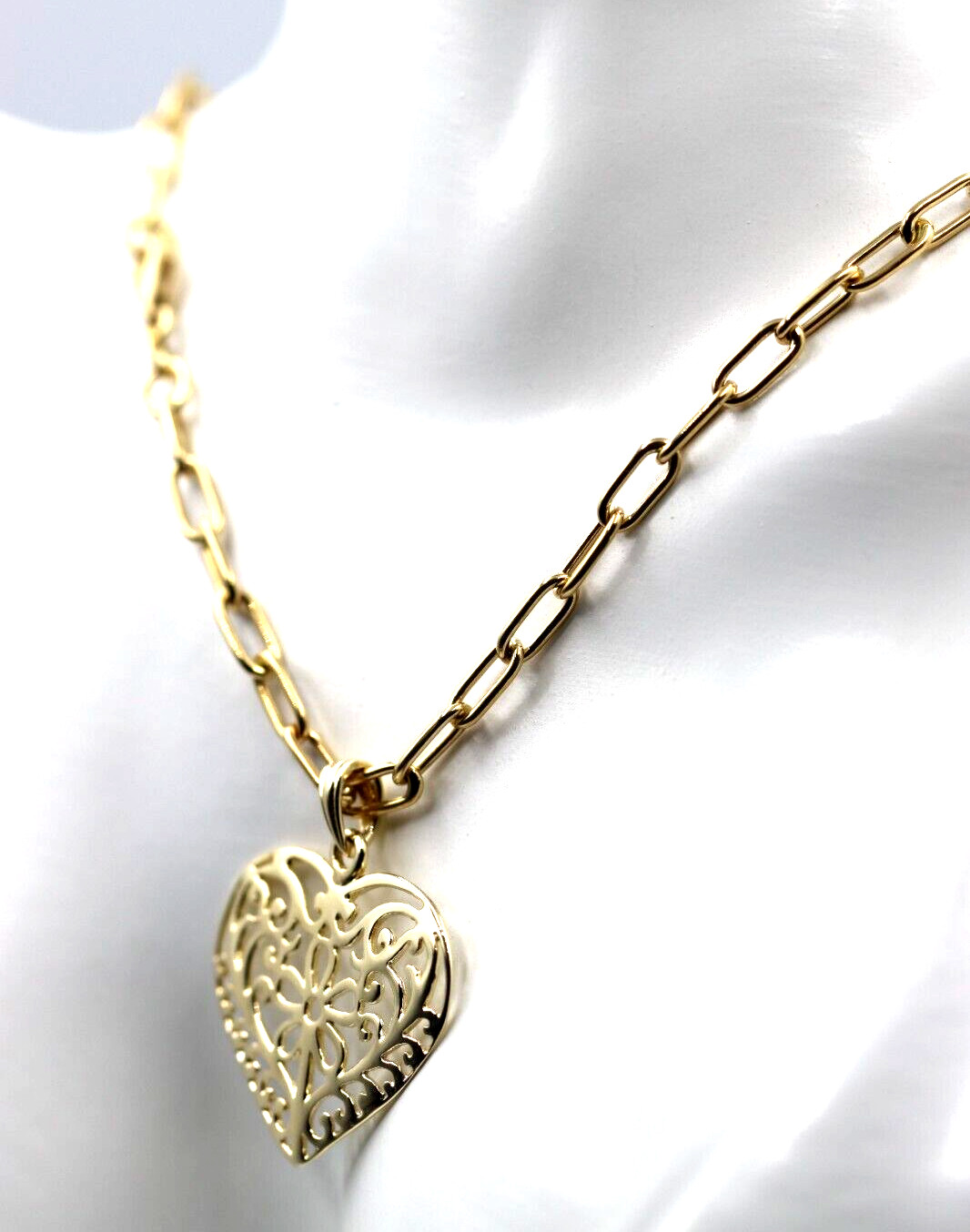 Genuine 9ct Yellow Gold Handmade Paper Clip 45cm Chain + Heart Pendant