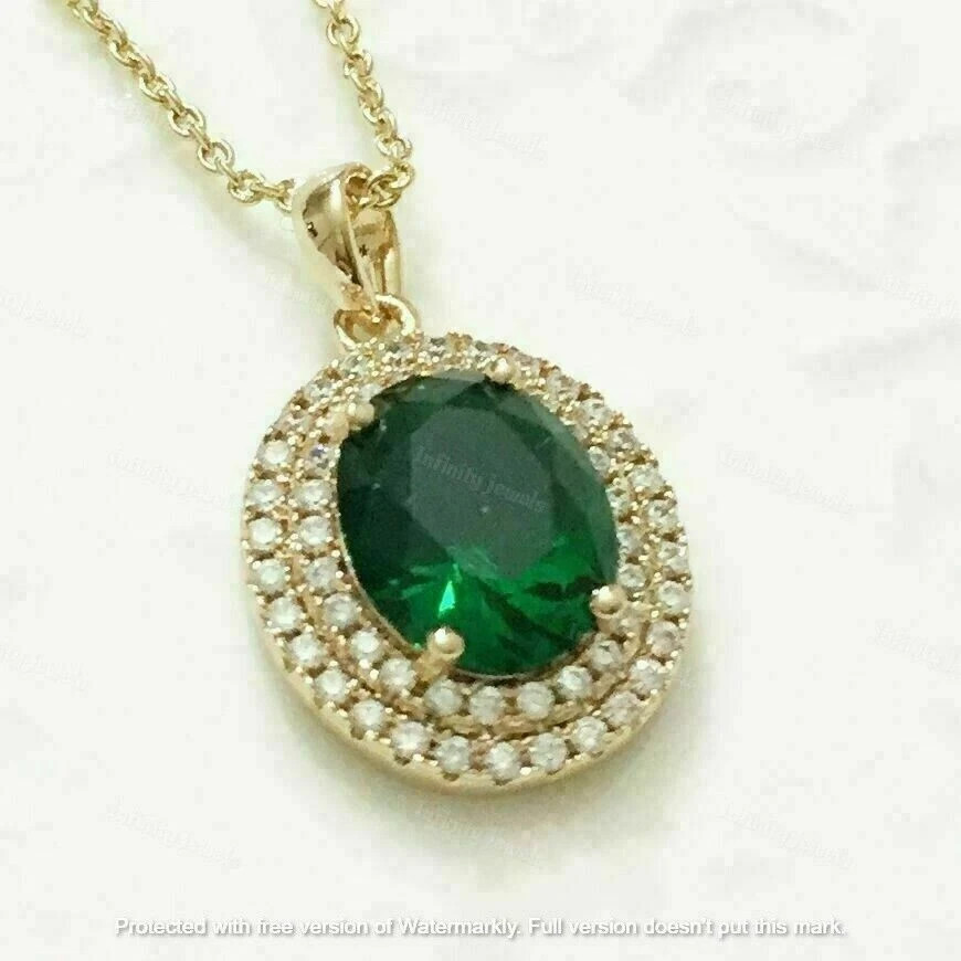 4Ct Oval Cut Green Emerald Diamond Halo Pendant Necklace 14K Yellow Gold Finish