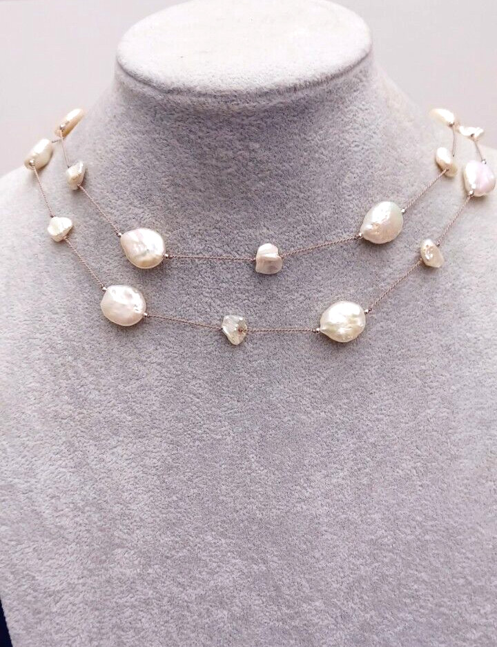 925 Sterling Silver Cultured Freshwater Pearl Long Necklace Keshi Pearl #A46