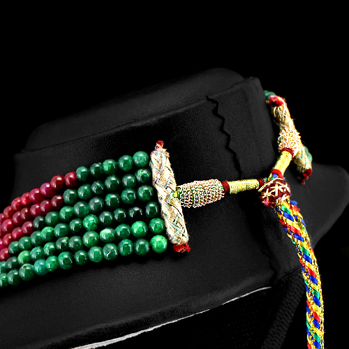 ELEGANT BRILILANT 477.00 CTS EARTH MINED 6 LINE RUBY & EMERALD BEADS NECKLACE