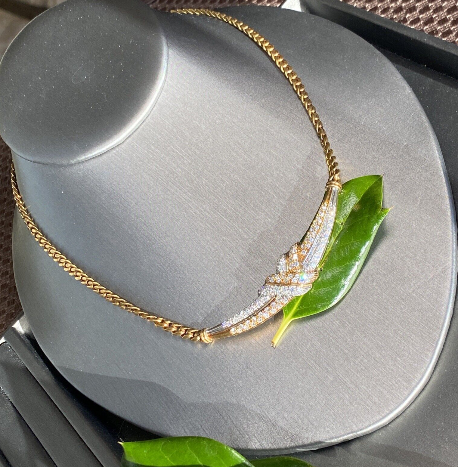 18K Yellow White Gold Diamond Love Knot X Crescent Vintage Cuban Chain Necklace