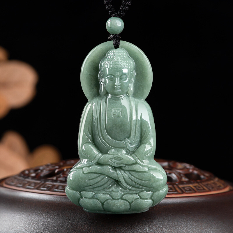 Natural Jade Green Buddha Amitabha Buddha Statue Necklace Pendant Male Female