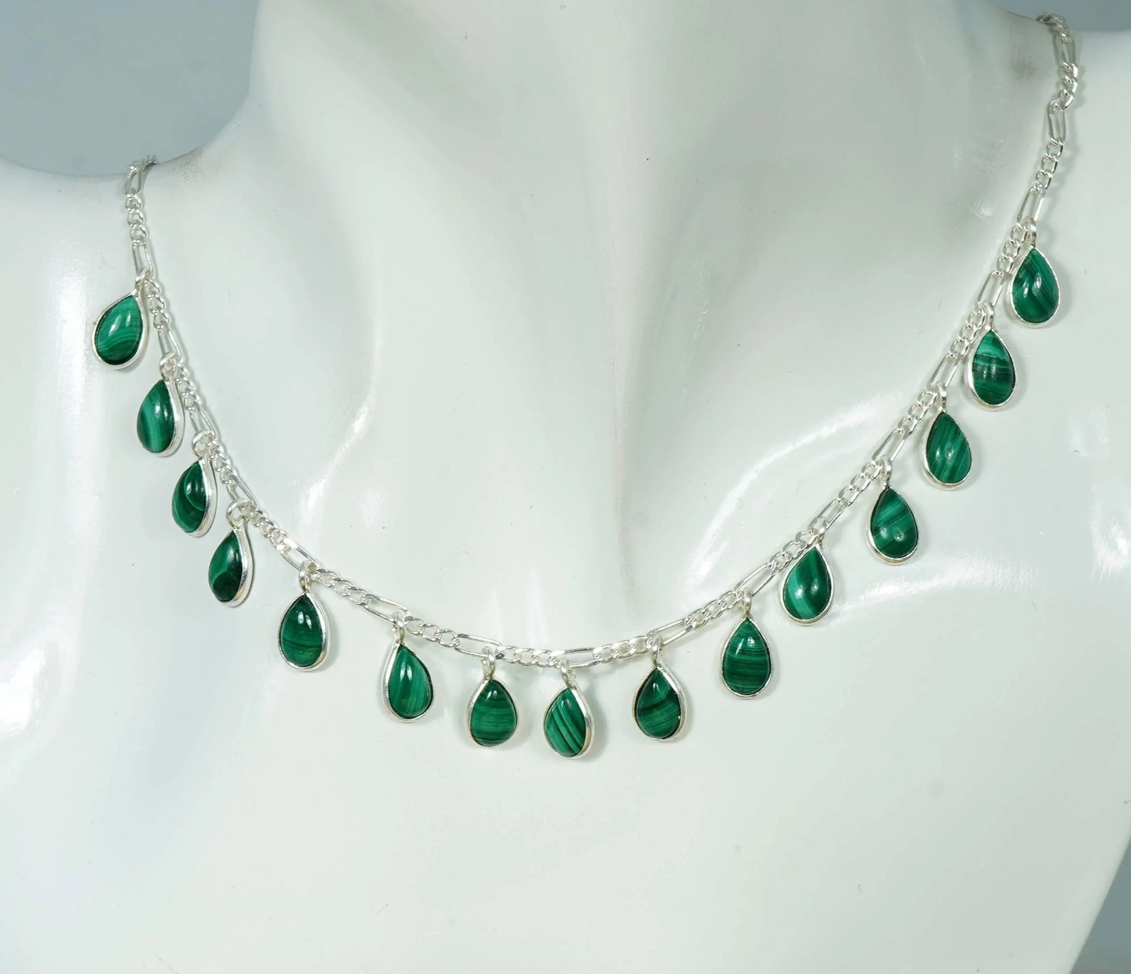 Handmade Sterling Silver Malachite Teardrop Dangle Necklace