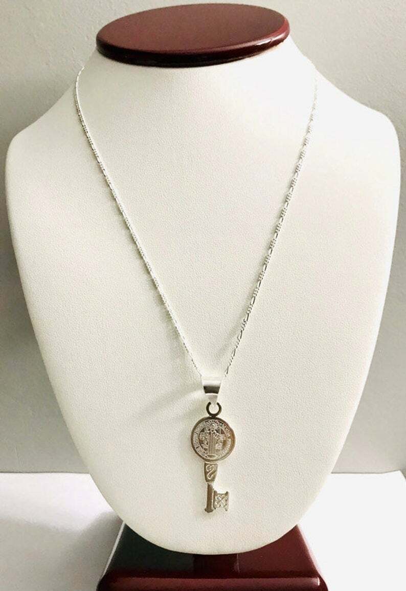 925 Silver Saint Benedict Key Necklace 18″ Long /Cadena San Benito llave – P63-1