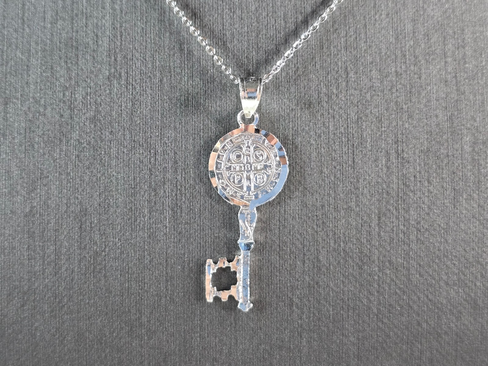 Womens Sterling Silver Religious Saint Benedict Key Pendant Necklace 3.3g E7190