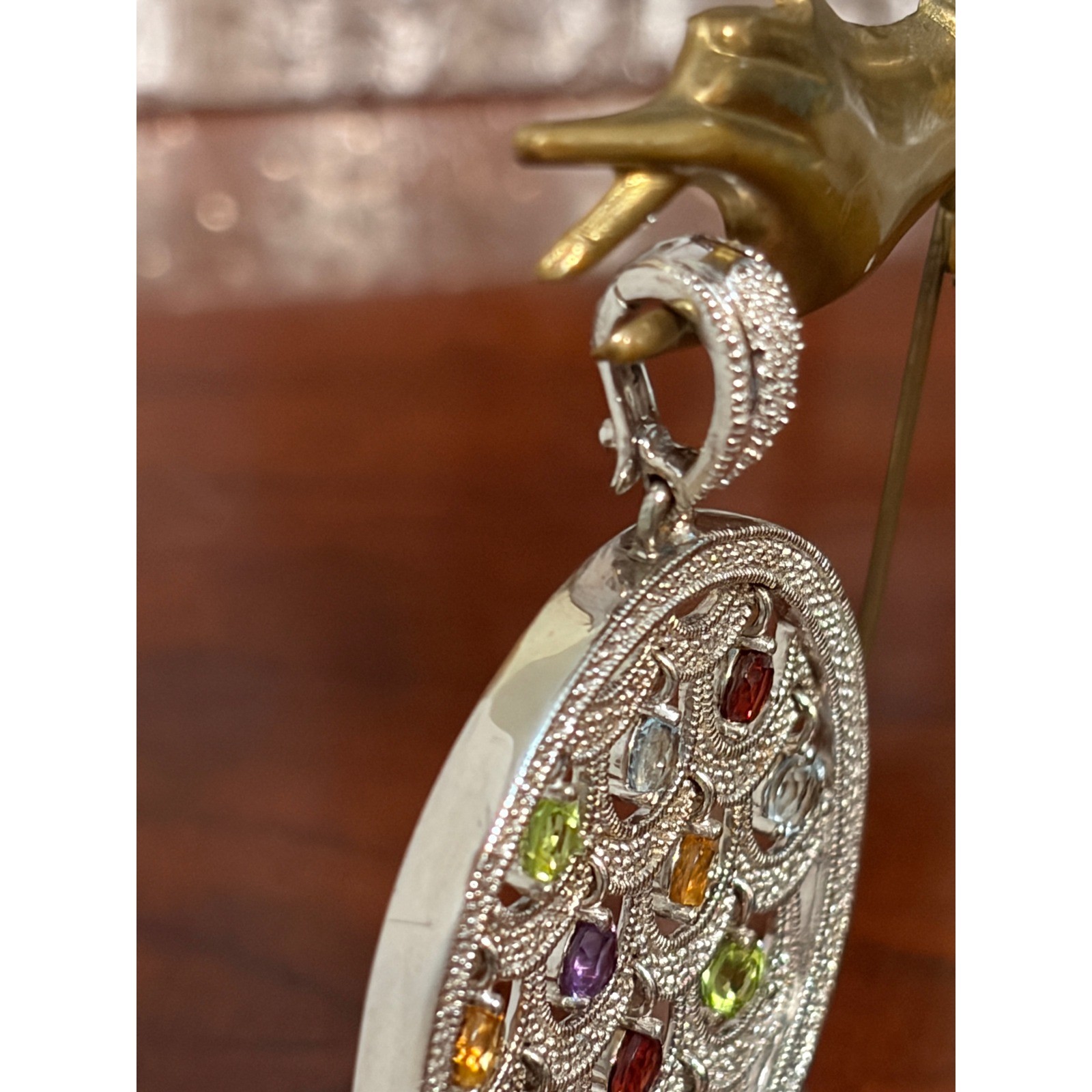 Unbranded 925 Sterling Silver Multi-Gemstone Scalloped Circle Pendant Large