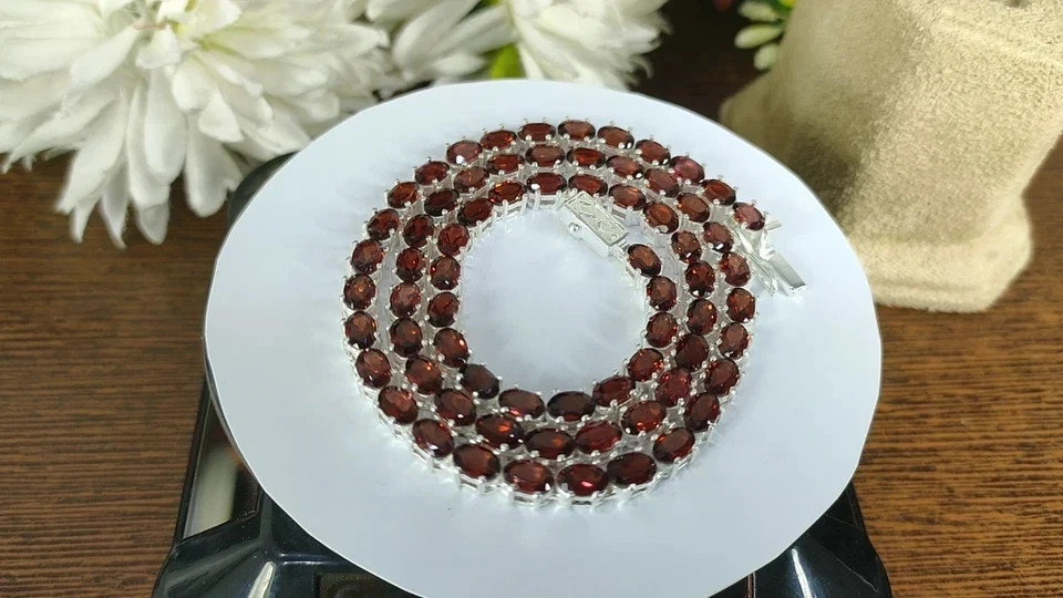 20TCW Oval Cut Lab Created Red Garnet Tennis Necklace 925 Sterling Silver