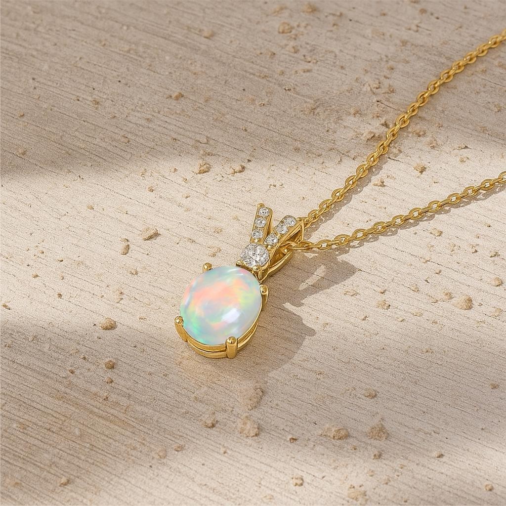 Ethiopian White Opal Gemstone Oval Charm Pendant Necklace, Natural Opal Gemstone