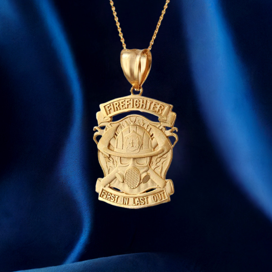 Satin Gold Firefighter Fire Rescue Pendant Necklace