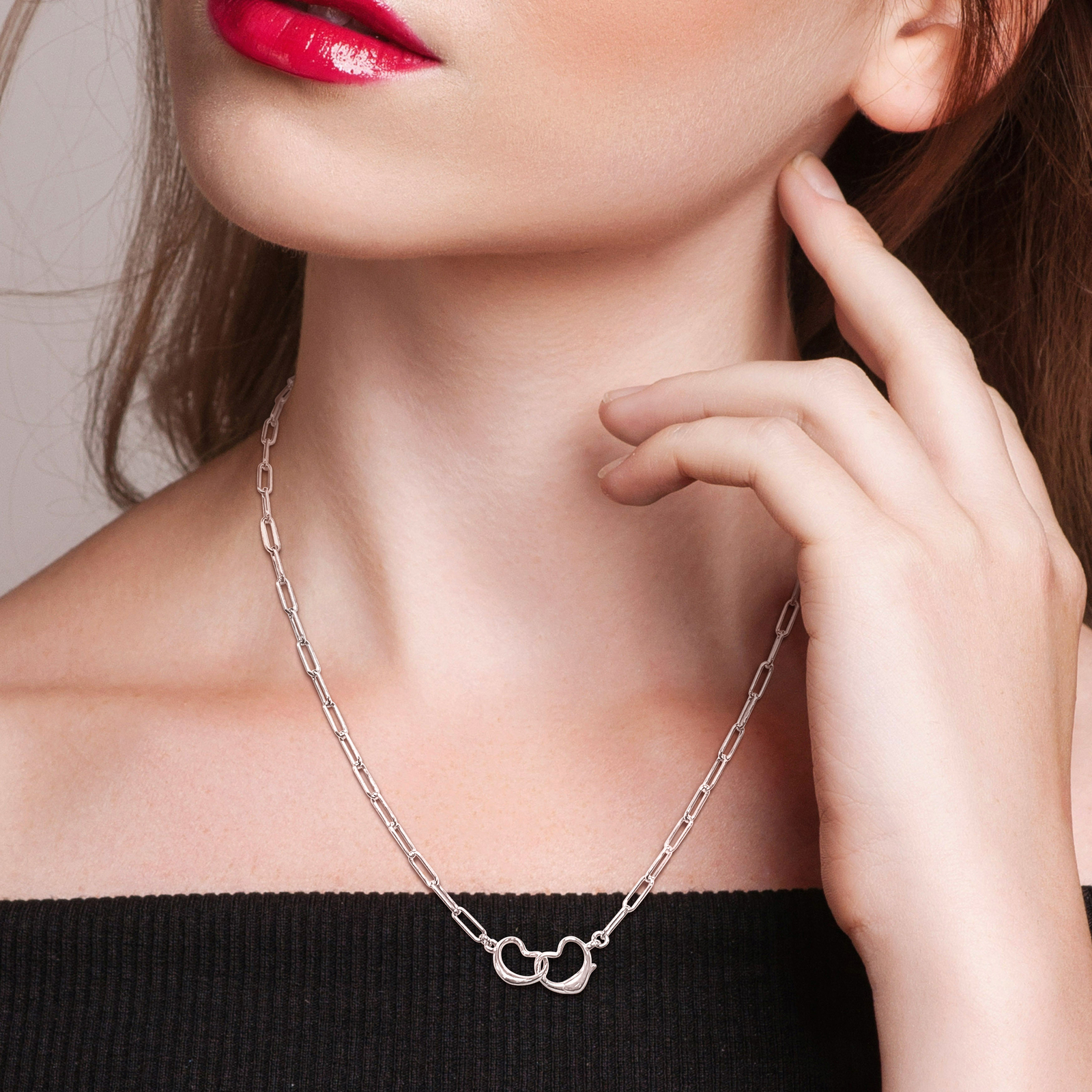 Amour Sterling Silver Paperclip Link with Double Heart Clasp Necklace – 20 in.