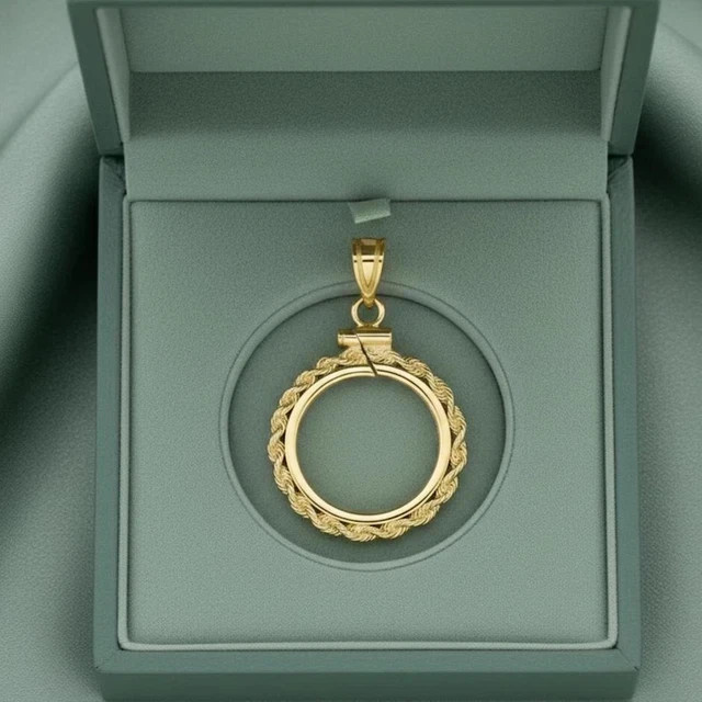 38mm Coin Bezel Pendant Rope Soldered Bail 14K Gold Plated Sovereign Holder