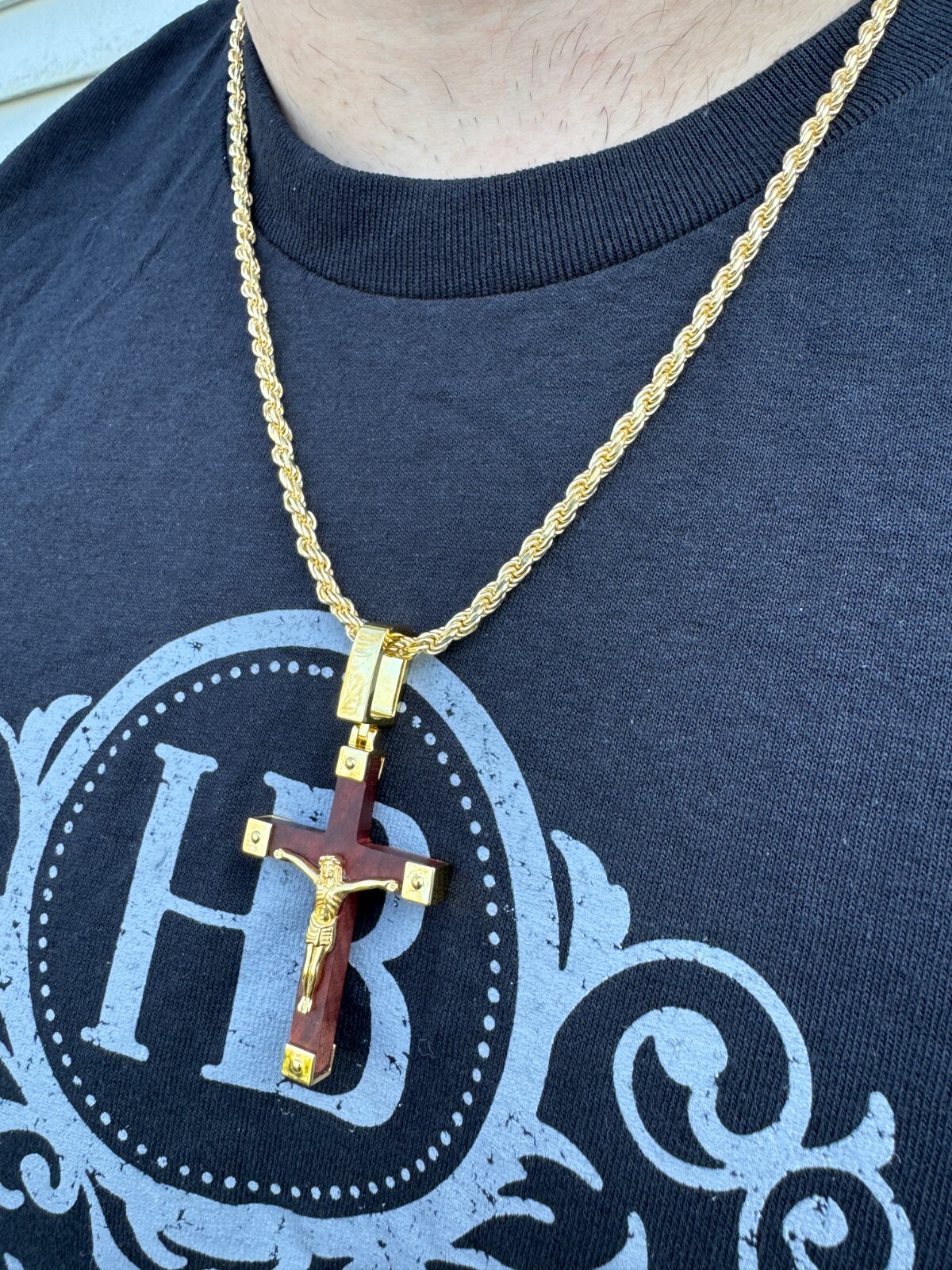 Small Plain Real 925 Silver & Natural Wood Jesus Cross Pendant Necklace 1.25″