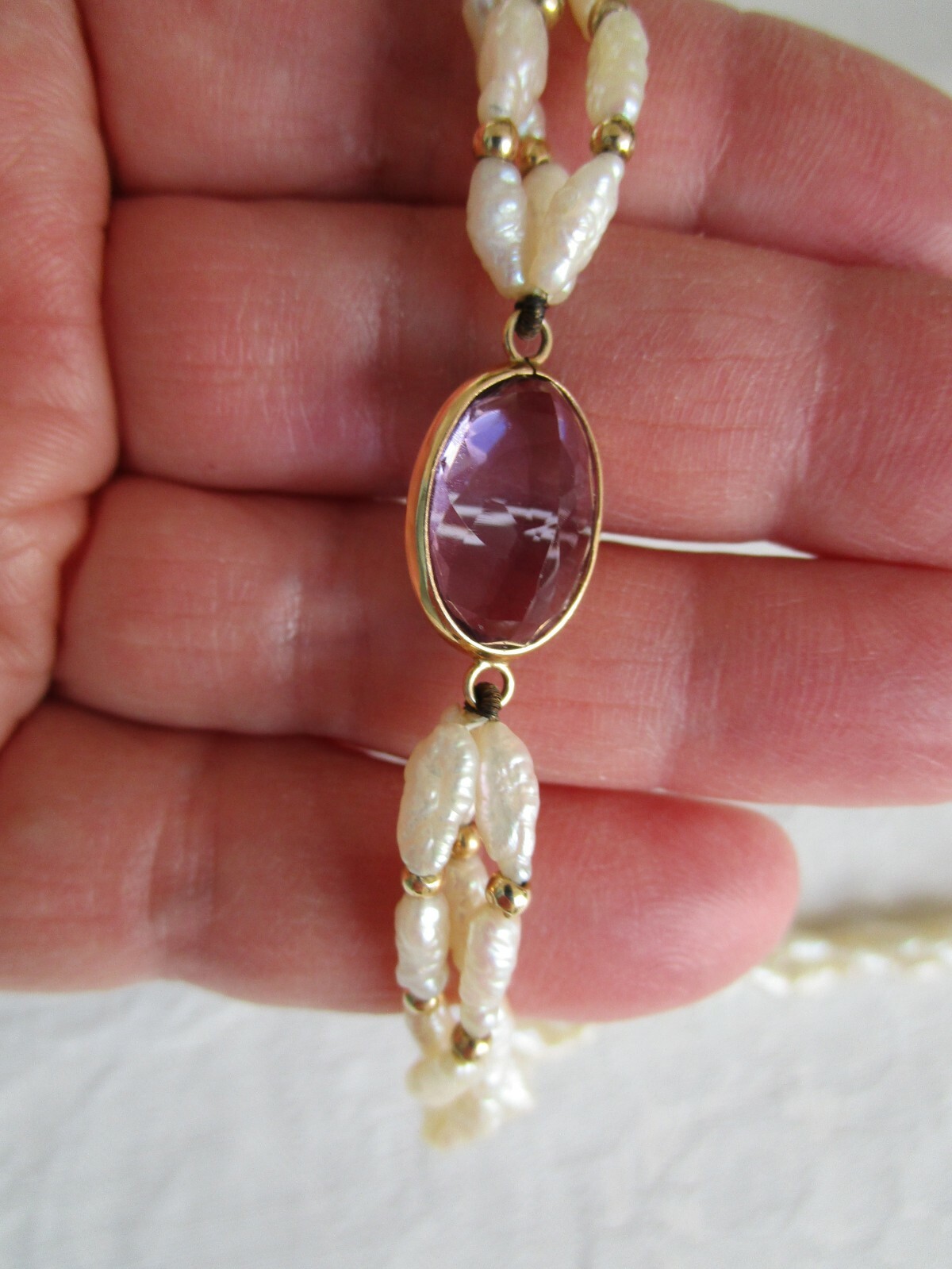 Vintage 14K Yellow Gold Amethyst Pearl Necklace 30″ L Excellent