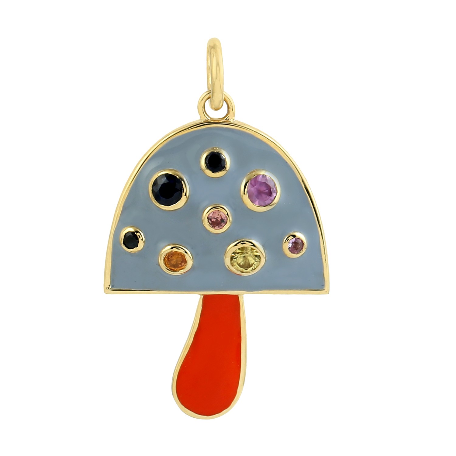 Multicolor Sapphire Gemstone With 14K Solid Yellow Gold Enamel Mushroom Pendant