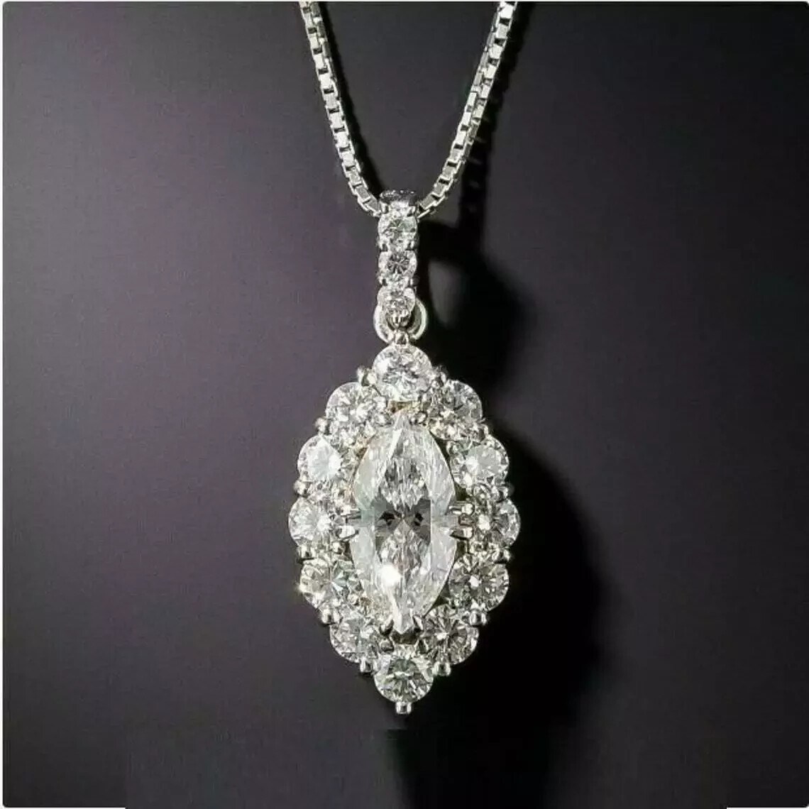 3 Carat Marquise Cut VVS1 Diamond Halo Pendant 14K White Gold Finish