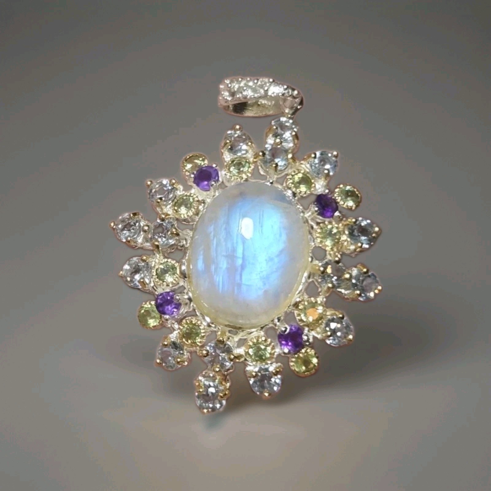 Unique Natural 10 ct Moonstone, Amethyst 925 Sterling Silver Pendant 2411