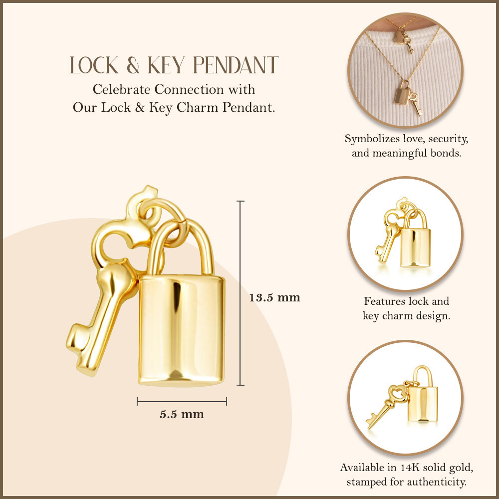 14K Yellow Gold Lock & Key Charm Pendant Necklace (Small/Large)