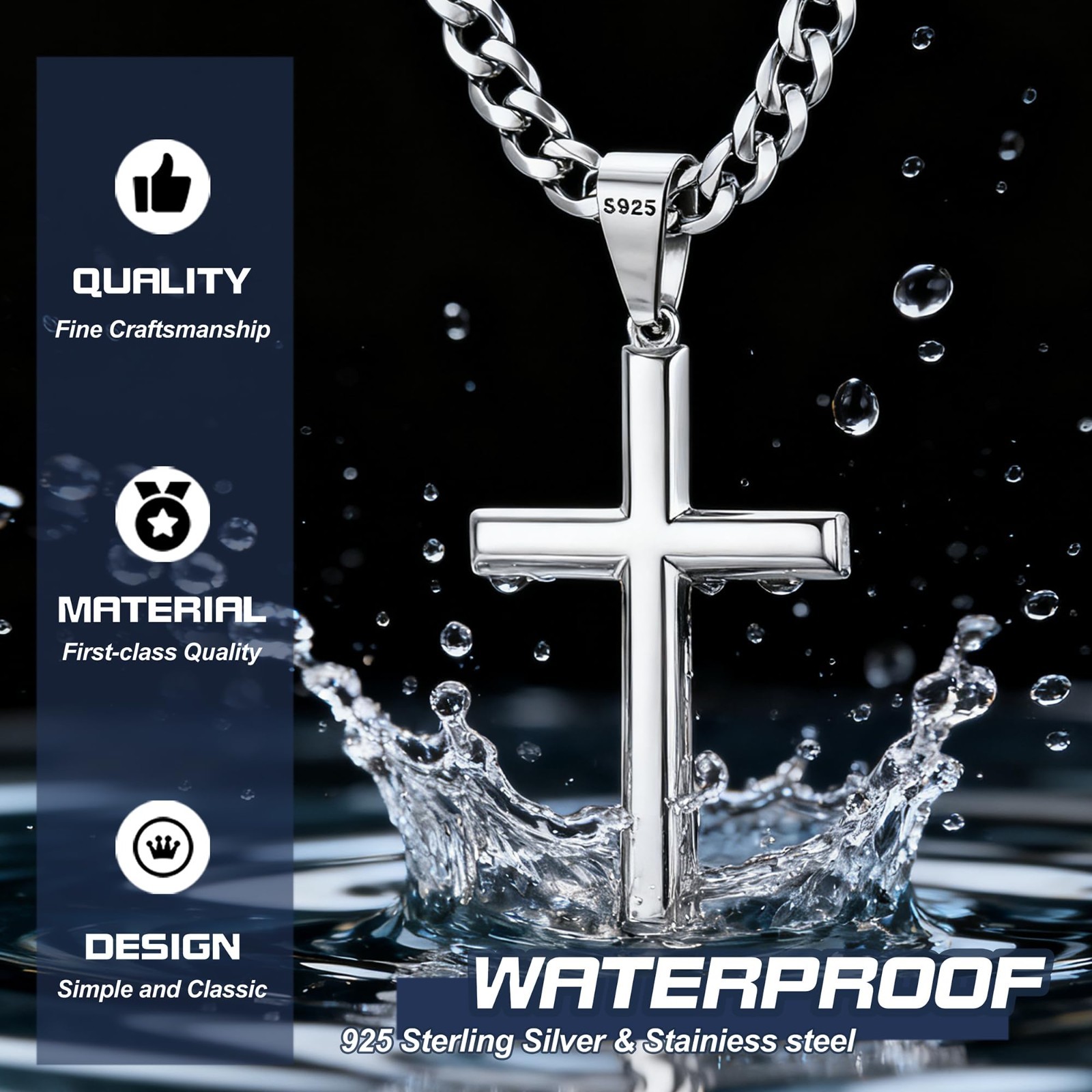 925 Sterling Silver Cross Necklace, Durable Cuban Link Chain, 16-30″ Christian J